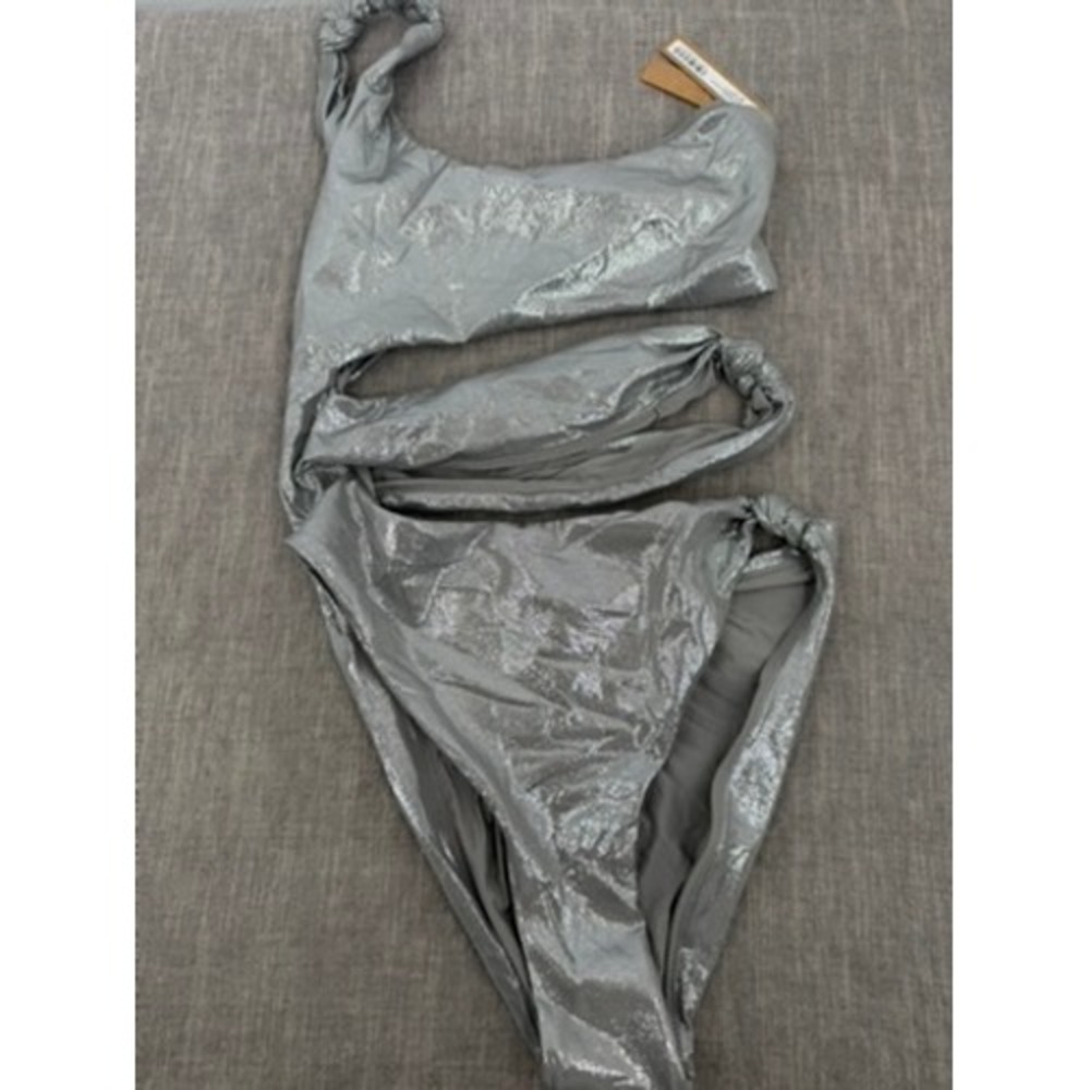 SKIMS Liquid Shine Knotted One Shoulder Monokini Smoke Silver Metallic Sz M NWT